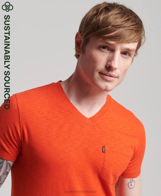 Superdry tricou din bumbac organic cu decolteu în V cu buzunar slub îmbrăcăminte portocale bărbați JX0Z4810