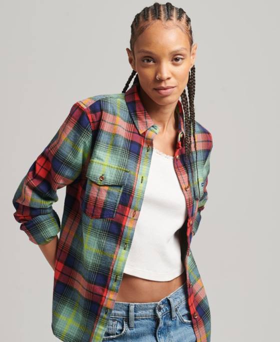 Superdry cămașă din flanel cu carouri din bumbac organic îmbrăcăminte verde femei JX0Z3042
