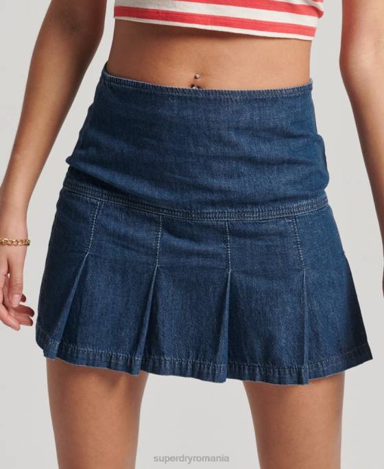 Superdry fustă mini cu pliuri de denim vintage îmbrăcăminte albastru inchis femei JX0Z6742