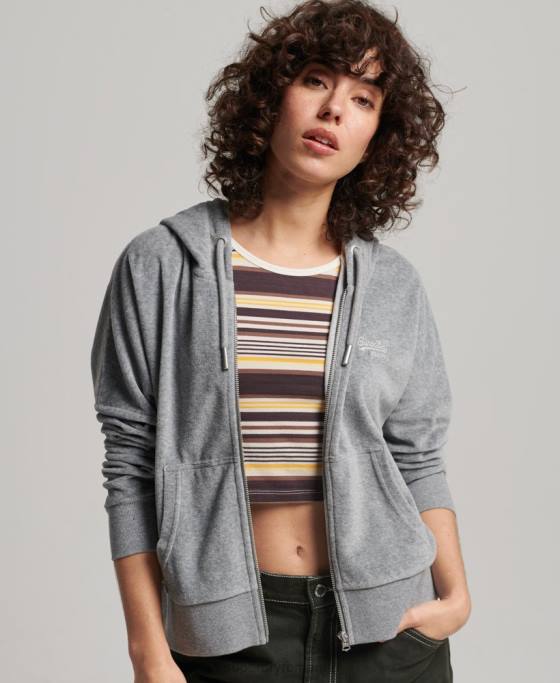 Superdry hanorac cu fermoar din velur cu logo vintage din bumbac organic îmbrăcăminte gri femei JX0Z2197