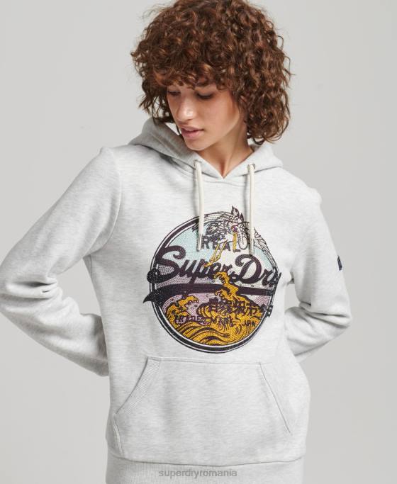 Superdry hanorac cu strasuri narativ logo vintage îmbrăcăminte gri deschis femei JX0Z5863