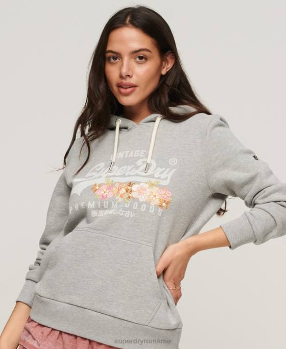 Superdry hanorac floral cu logo vintage bunuri premium îmbrăcăminte gri deschis femei JX0Z3370