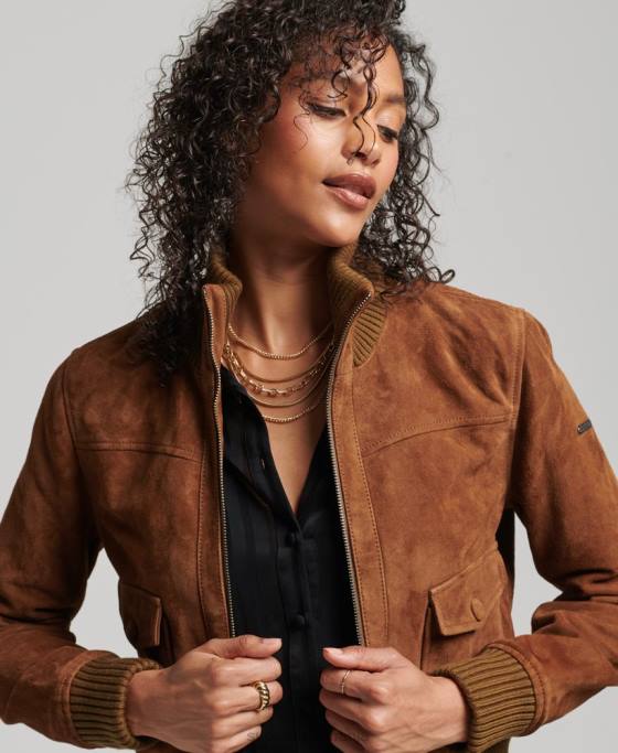 Superdry bomber din piele intoarsa cu guler tricotat studios îmbrăcăminte bronzat femei JX0Z3535