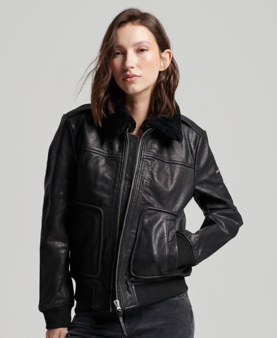 Superdry geacă de piele de aviator de zbor îmbrăcăminte negru femei JX0Z5702