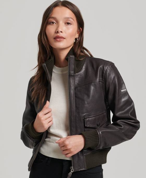Superdry jachetă bomber din piele cu guler tricot îmbrăcăminte maro femei JX0Z3546