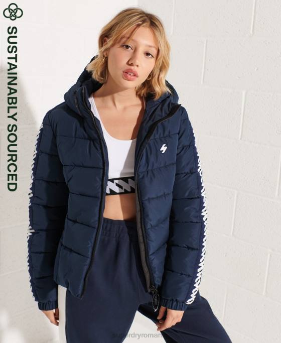 Superdry jachetă pufă cu bandă cu logo cod îmbrăcăminte marina femei JX0Z5586