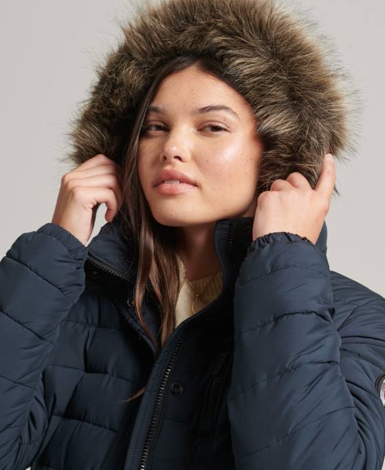 Superdry jachetă puf de lungime mijlocie cu glugă din blană artificială îmbrăcăminte marina femei JX0Z3605