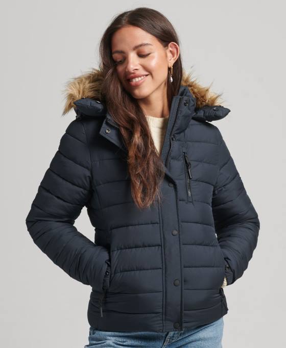 Superdry jachetă puf scurtă cu glugă din blană artificială îmbrăcăminte marina femei JX0Z3640
