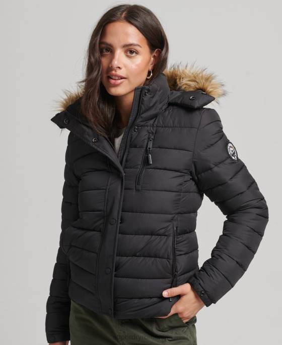 Superdry jachetă puf scurtă cu glugă din blană artificială îmbrăcăminte negru femei JX0Z3630