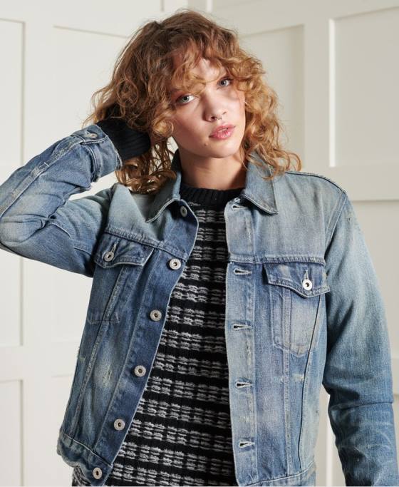 Superdry jachetă trucker japoneză uscată ediție limitată îmbrăcăminte albastru deschis femei JX0Z3841