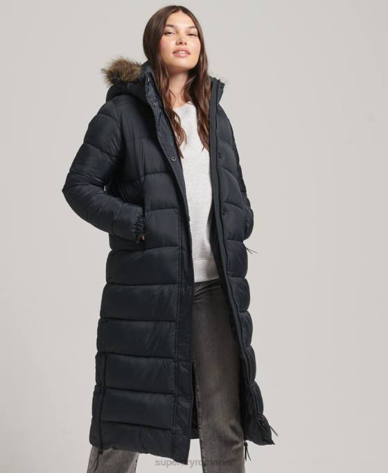 Superdry palton puf cu glugă din blană artificială îmbrăcăminte gri inchis femei JX0Z3660