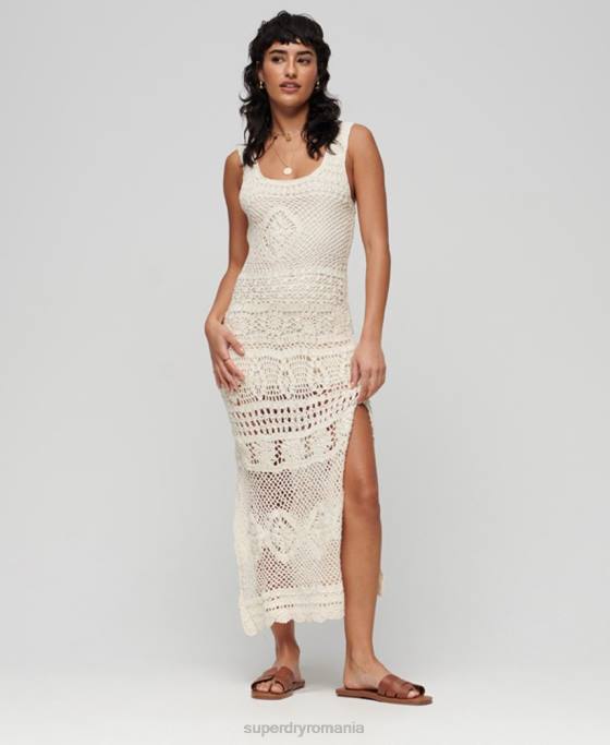 Superdry rochie midi croșetată fără mâneci îmbrăcăminte cremă femei JX0Z2425