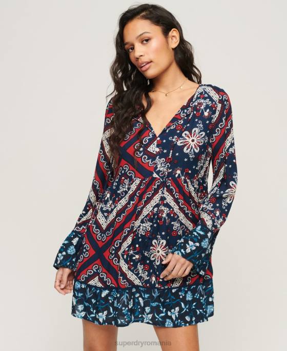 Superdry rochie mini anilor 60 cu maneci evazate îmbrăcăminte albastru femei JX0Z2094