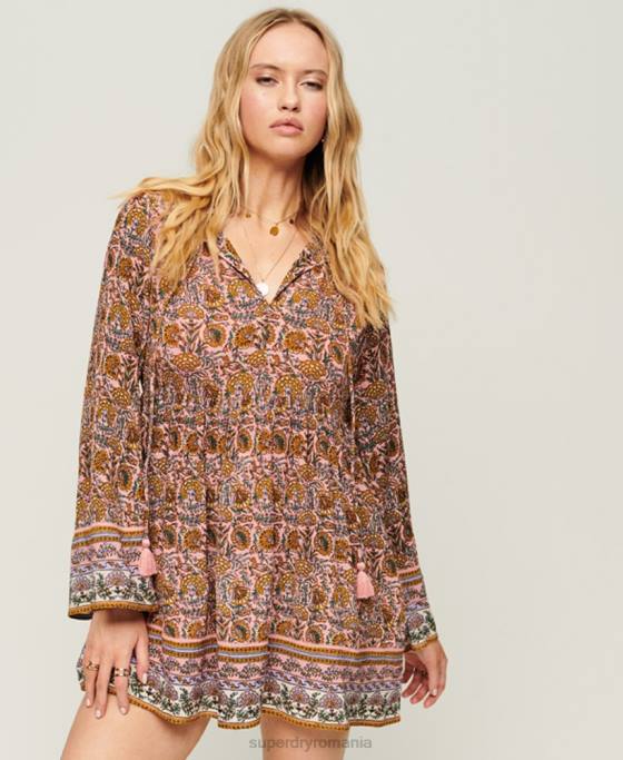 Superdry rochie mini anilor 60 cu maneci evazate îmbrăcăminte roz femei JX0Z2080