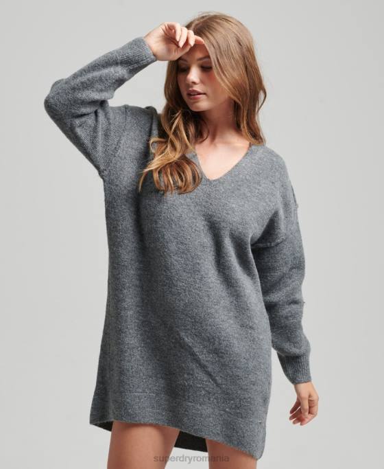 Superdry rochie tricotată cu decolteu în V îmbrăcăminte gri inchis femei JX0Z2442