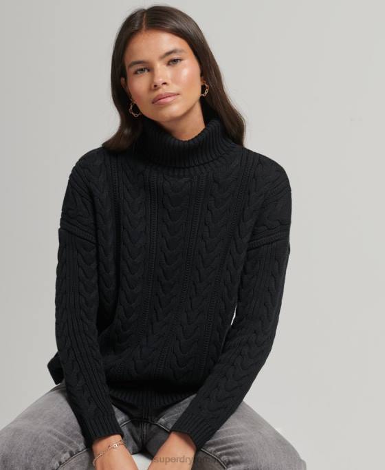 Superdry jumper cu gât rulat cu cablu pe umăr îmbrăcăminte negru femei JX0Z4001