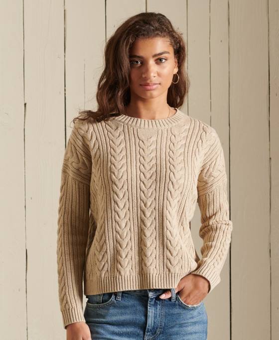 Superdry pulover cu umăr căzut, tricot cu cablu, cu gâtul opus îmbrăcăminte bej femei JX0Z4026
