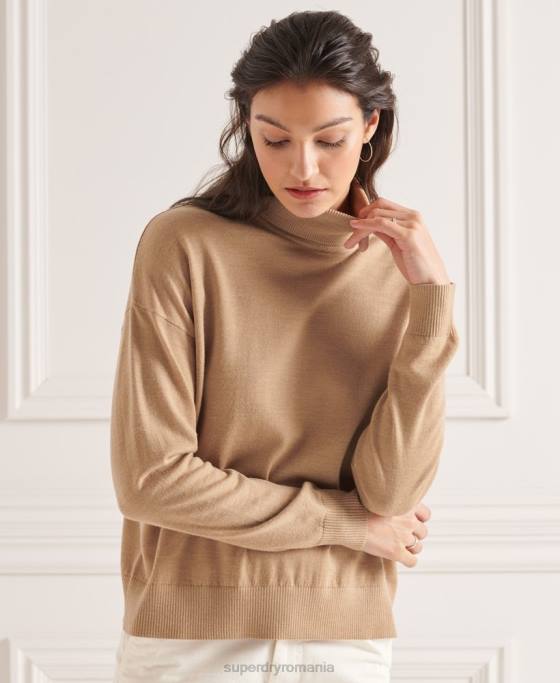 Superdry pulover din merino cu umăr căzut cu gât rulat îmbrăcăminte bej femei JX0Z6652