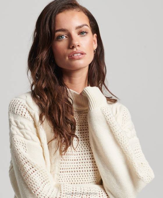 Superdry pulover din tricot cu cablu cu decolteu îmbrăcăminte alb femei JX0Z6535