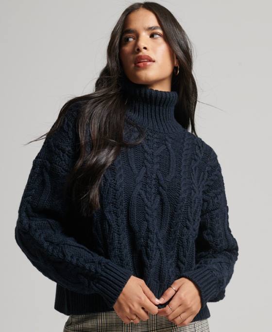 Superdry pulover din tricot de cablu cu gât polo îmbrăcăminte marina femei JX0Z3991