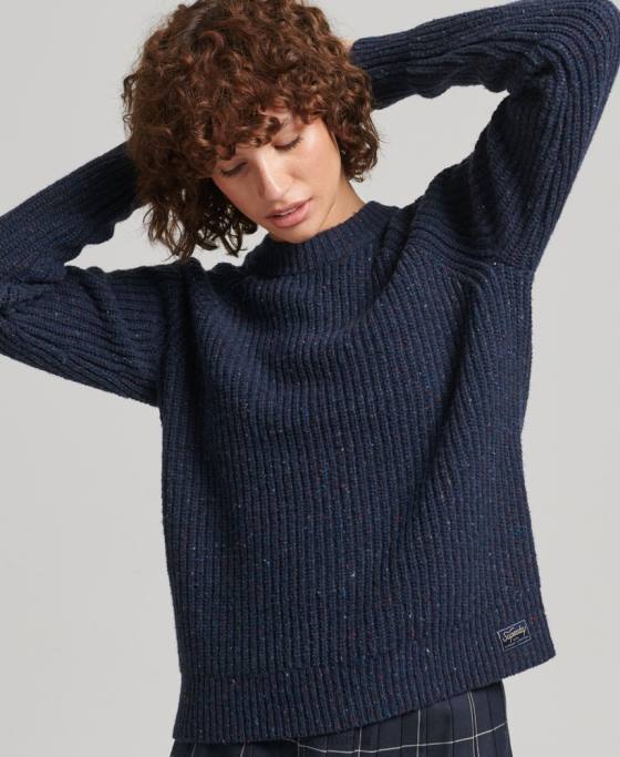 Superdry pulover din tweed cu coaste îmbrăcăminte marina femei JX0Z3988