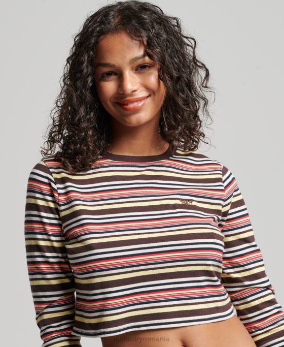 Superdry top cu mânecă lungă cu dungi vintage din bumbac organic îmbrăcăminte maro femei JX0Z2948