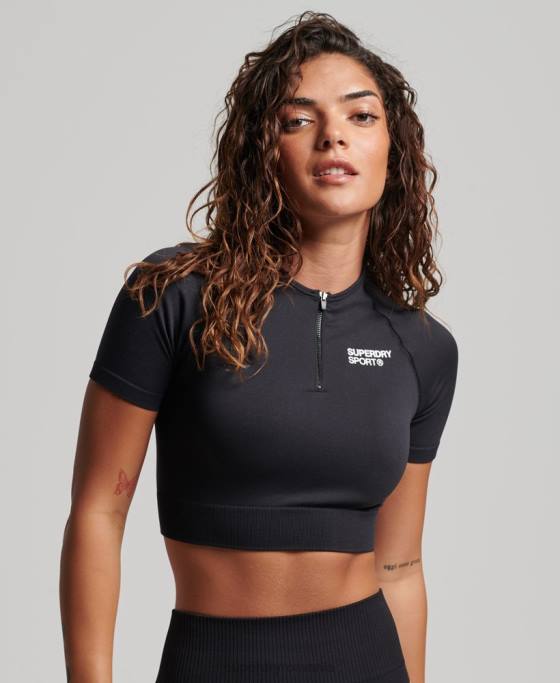 Superdry top cu mânecă scurtă, fără cusături îmbrăcăminte negru femei JX0Z2908