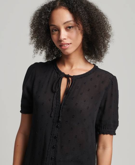 Superdry top din broderie vintage cu maneca scurta îmbrăcăminte negru femei JX0Z6696