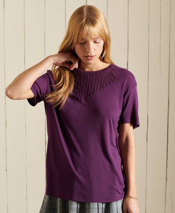 Superdry top din dantelă cu mâneci scurte chevron îmbrăcăminte Violet femei JX0Z2746