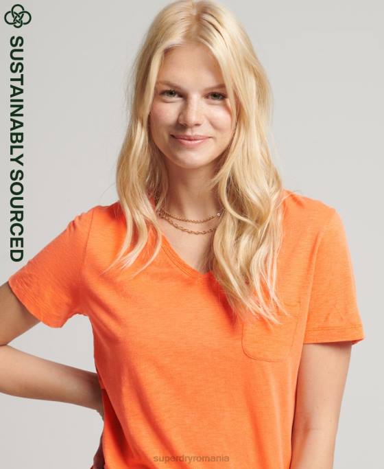 Superdry tricou cu decolteu în V din bumbac organic îmbrăcăminte portocale femei JX0Z2826