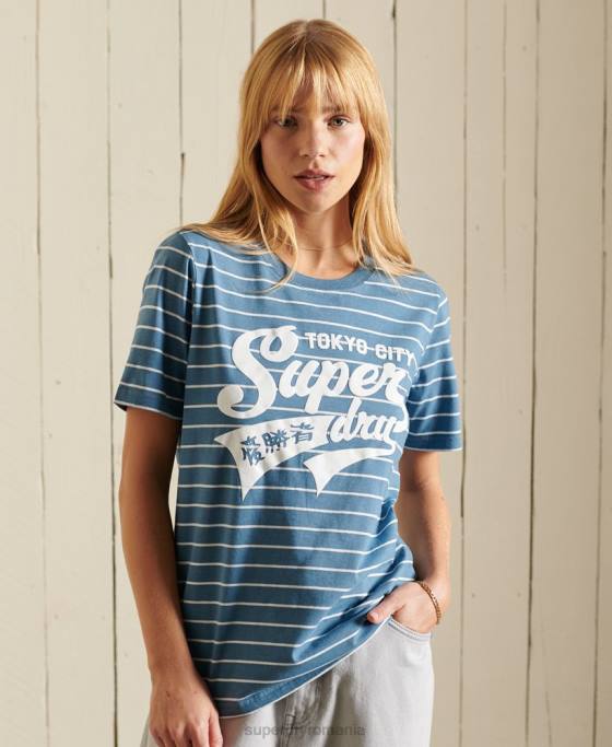 Superdry tricou cu dungi în stil script pentru colegiu îmbrăcăminte albastru femei JX0Z2794