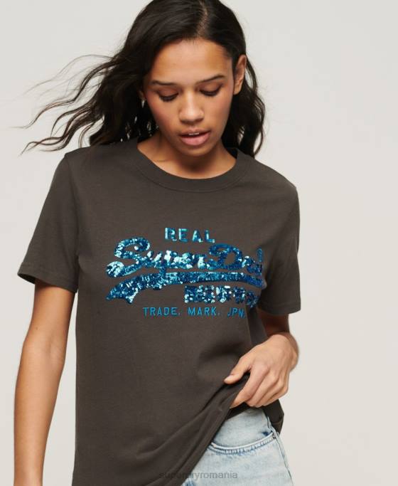 Superdry tricou impodobit cu logo vintage îmbrăcăminte gri inchis femei JX0Z2297