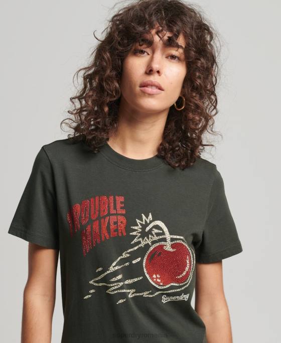 Superdry tricou vintage cu linii de încrucișare cu strasuri îmbrăcăminte gri inchis femei JX0Z2786