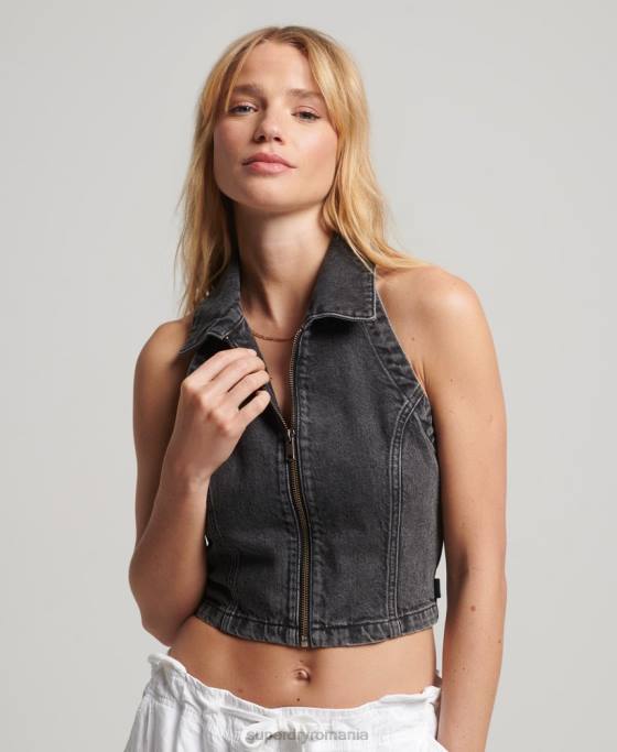 Superdry fermoar cu guler prin top din denim îmbrăcăminte gri inchis femei JX0Z2946