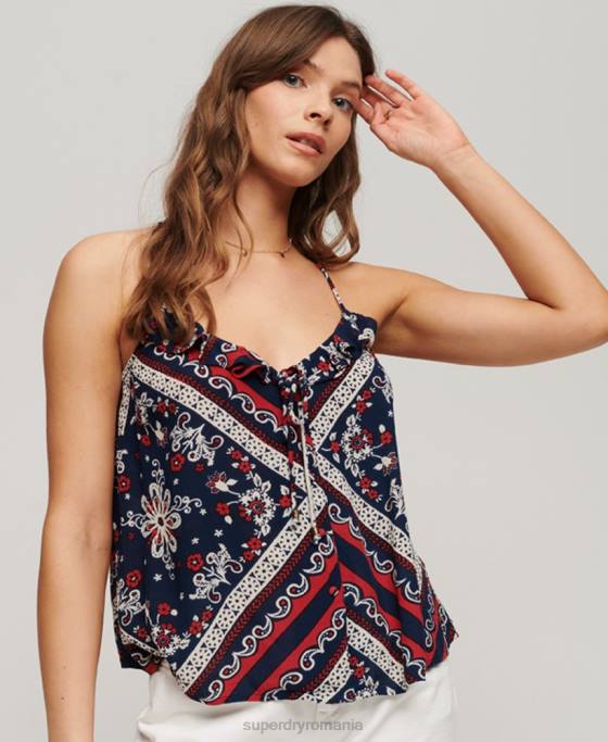 Superdry top cu volane imprimat îmbrăcăminte albastru femei JX0Z2111